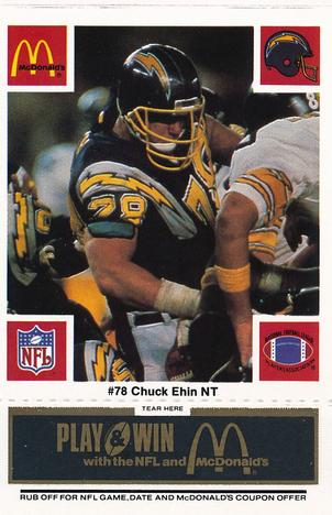 1986 McDonald's San Diego Chargers - Full Game Pieces - Week 2 Black/Gray Tab #NNO Chuck Ehin Front