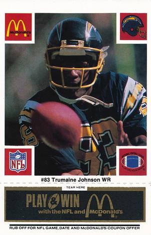 1986 McDonald's San Diego Chargers - Full Game Pieces - Week 2 Black/Gray Tab #NNO Trumaine Johnson Front