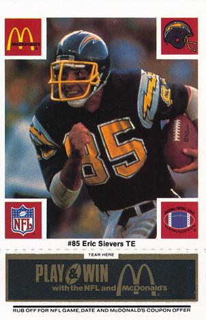1986 McDonald's San Diego Chargers - Full Game Pieces - Week 2 Black/Gray Tab #NNO Eric Sievers Front