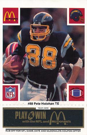 1986 McDonald's San Diego Chargers - Full Game Pieces - Week 2 Black/Gray Tab #NNO Pete Holohan Front