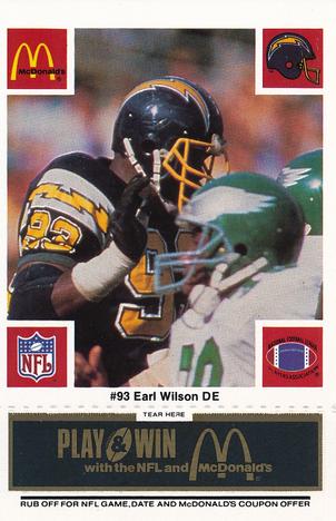 1986 McDonald's San Diego Chargers - Full Game Pieces - Week 2 Black/Gray Tab #NNO Earl Wilson Front