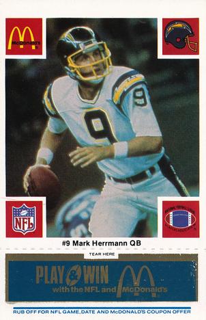 1986 McDonald's San Diego Chargers - Full Game Pieces - Week 1 Blue Tab #NNO Mark Herrmann Front