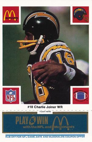1986 McDonald's San Diego Chargers - Full Game Pieces - Week 1 Blue Tab #NNO Charlie Joiner Front