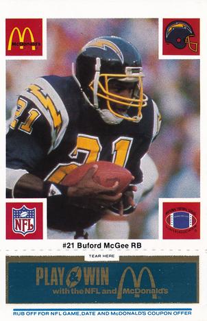1986 McDonald's San Diego Chargers - Full Game Pieces - Week 1 Blue Tab #NNO Buford McGee Front