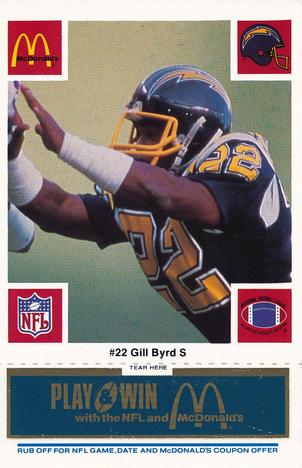 1986 McDonald's San Diego Chargers - Full Game Pieces - Week 1 Blue Tab #NNO Gill Byrd Front