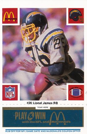 1986 McDonald's San Diego Chargers - Full Game Pieces - Week 1 Blue Tab #NNO Lionel James Front