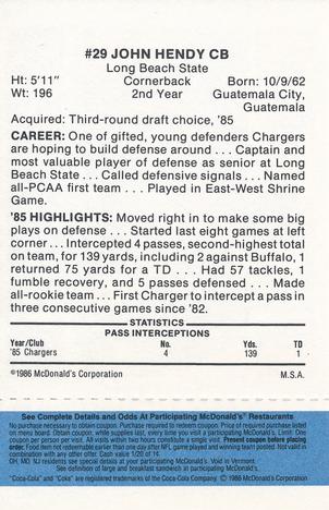1986 McDonald's San Diego Chargers - Full Game Pieces - Week 1 Blue Tab #NNO John Hendy Back