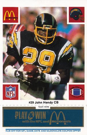 1986 McDonald's San Diego Chargers - Full Game Pieces - Week 1 Blue Tab #NNO John Hendy Front