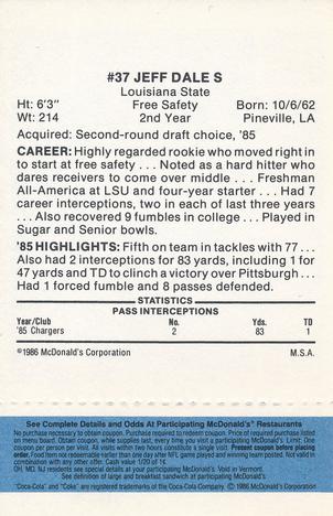 1986 McDonald's San Diego Chargers - Full Game Pieces - Week 1 Blue Tab #NNO Jeffery Dale Back