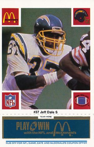 1986 McDonald's San Diego Chargers - Full Game Pieces - Week 1 Blue Tab #NNO Jeffery Dale Front