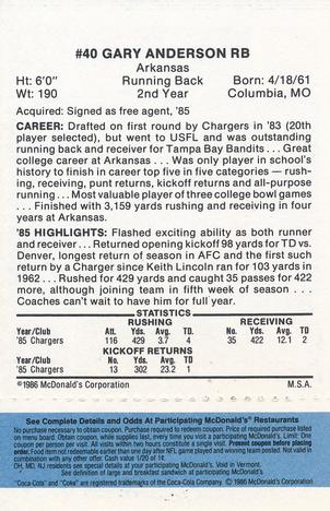 1986 McDonald's San Diego Chargers - Full Game Pieces - Week 1 Blue Tab #NNO Gary Anderson Back