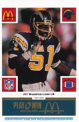 1986 McDonald's San Diego Chargers - Full Game Pieces - Week 1 Blue Tab #NNO Woodrow Lowe Front