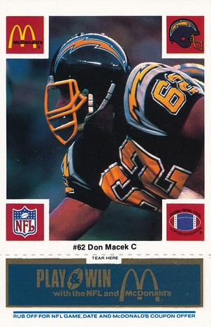 1986 McDonald's San Diego Chargers - Full Game Pieces - Week 1 Blue Tab #NNO Don Macek Front