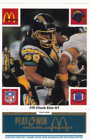 1986 McDonald's San Diego Chargers - Full Game Pieces - Week 1 Blue Tab #NNO Chuck Ehin Front