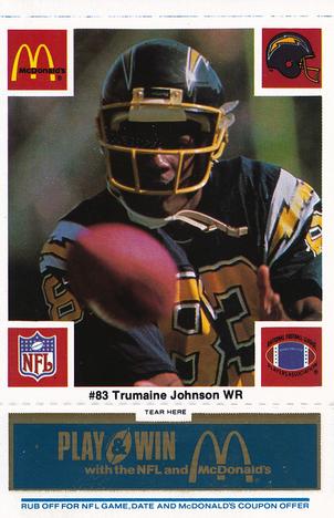 1986 McDonald's San Diego Chargers - Full Game Pieces - Week 1 Blue Tab #NNO Trumaine Johnson Front