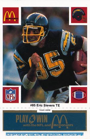 1986 McDonald's San Diego Chargers - Full Game Pieces - Week 1 Blue Tab #NNO Eric Sievers Front