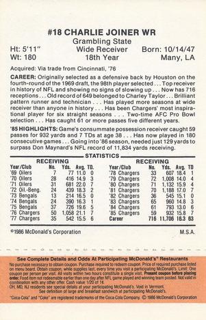 1986 McDonald's San Diego Chargers - Full Game Pieces - Week 3 Gold/Orange Tab #NNO Charlie Joiner Back
