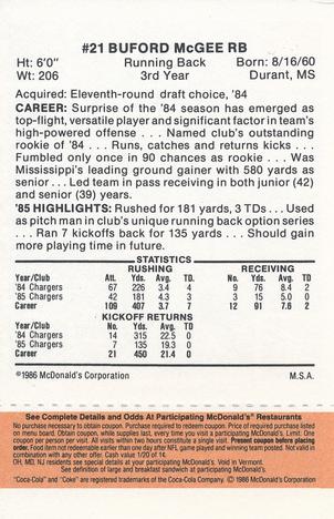 1986 McDonald's San Diego Chargers - Full Game Pieces - Week 3 Gold/Orange Tab #NNO Buford McGee Back