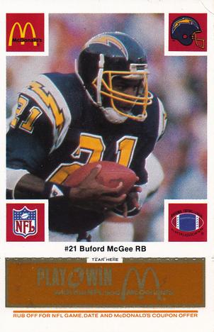 1986 McDonald's San Diego Chargers - Full Game Pieces - Week 3 Gold/Orange Tab #NNO Buford McGee Front