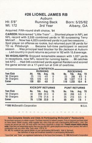 1986 McDonald's San Diego Chargers - Full Game Pieces - Week 3 Gold/Orange Tab #NNO Lionel James Back