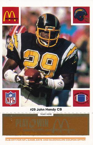 1986 McDonald's San Diego Chargers - Full Game Pieces - Week 3 Gold/Orange Tab #NNO John Hendy Front