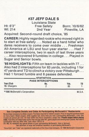 1986 McDonald's San Diego Chargers - Full Game Pieces - Week 3 Gold/Orange Tab #NNO Jeffery Dale Back