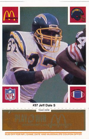 1986 McDonald's San Diego Chargers - Full Game Pieces - Week 3 Gold/Orange Tab #NNO Jeffery Dale Front