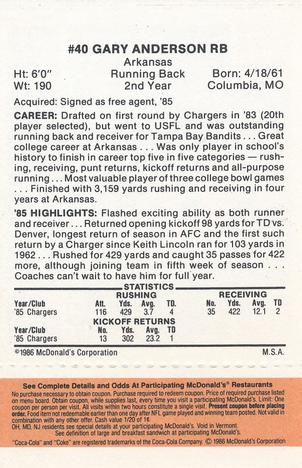 1986 McDonald's San Diego Chargers - Full Game Pieces - Week 3 Gold/Orange Tab #NNO Gary Anderson Back