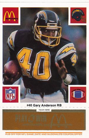1986 McDonald's San Diego Chargers - Full Game Pieces - Week 3 Gold/Orange Tab #NNO Gary Anderson Front