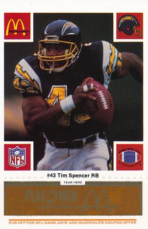 1986 McDonald's San Diego Chargers - Full Game Pieces - Week 3 Gold/Orange Tab #NNO Tim Spencer Front