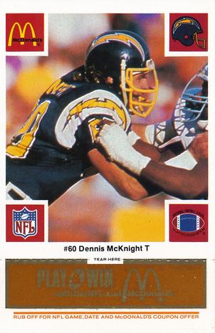 1986 McDonald's San Diego Chargers - Full Game Pieces - Week 3 Gold/Orange Tab #NNO Dennis McKnight Front