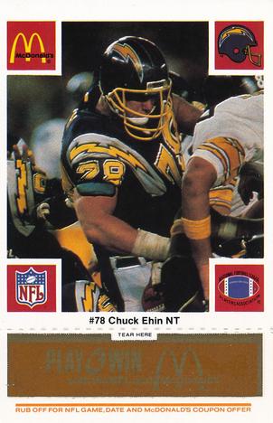 1986 McDonald's San Diego Chargers - Full Game Pieces - Week 3 Gold/Orange Tab #NNO Chuck Ehin Front