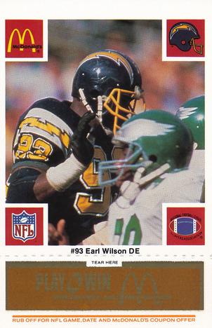 1986 McDonald's San Diego Chargers - Full Game Pieces - Week 3 Gold/Orange Tab #NNO Earl Wilson Front