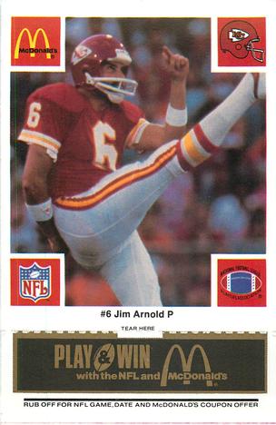 1986 McDonald's Kansas City Chiefs - Full Game Pieces - Week 2 Black/Gray Tab #NNO Jim Arnold Front