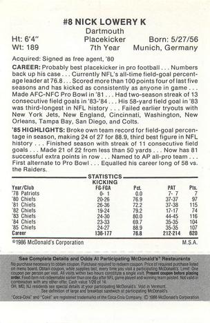 1986 McDonald's Kansas City Chiefs - Full Game Pieces - Week 2 Black/Gray Tab #NNO Nick Lowery Back