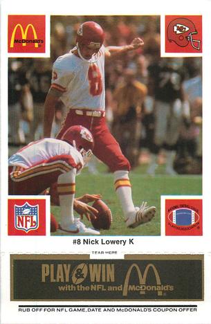 1986 McDonald's Kansas City Chiefs - Full Game Pieces - Week 2 Black/Gray Tab #NNO Nick Lowery Front