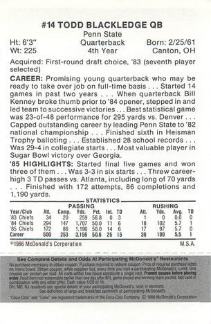 1986 McDonald's Kansas City Chiefs - Full Game Pieces - Week 2 Black/Gray Tab #NNO Todd Blackledge Back