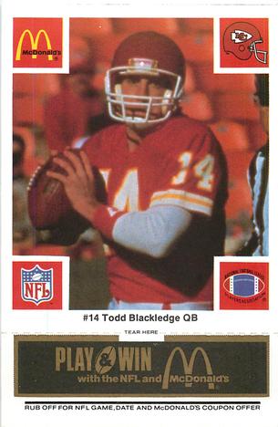 1986 McDonald's Kansas City Chiefs - Full Game Pieces - Week 2 Black/Gray Tab #NNO Todd Blackledge Front