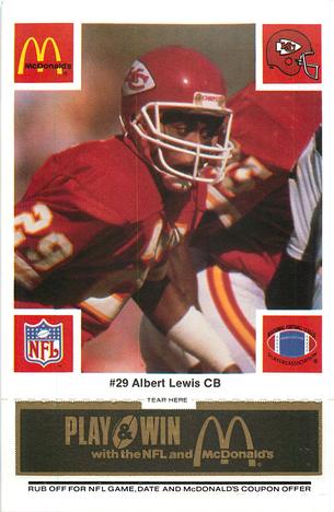 1986 McDonald's Kansas City Chiefs - Full Game Pieces - Week 2 Black/Gray Tab #NNO Albert Lewis Front