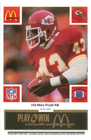 1986 McDonald's Kansas City Chiefs - Full Game Pieces - Week 2 Black/Gray Tab #NNO Mike Pruitt Front