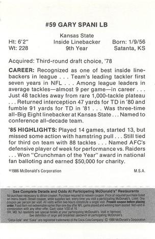 1986 McDonald's Kansas City Chiefs - Full Game Pieces - Week 2 Black/Gray Tab #NNO Gary Spani Back