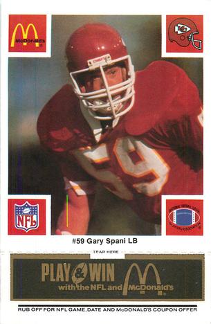 1986 McDonald's Kansas City Chiefs - Full Game Pieces - Week 2 Black/Gray Tab #NNO Gary Spani Front