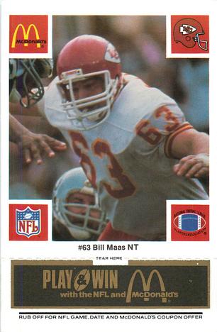 1986 McDonald's Kansas City Chiefs - Full Game Pieces - Week 2 Black/Gray Tab #NNO Bill Maas Front