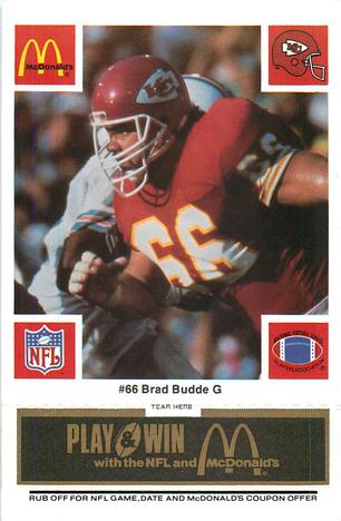 1986 McDonald's Kansas City Chiefs - Full Game Pieces - Week 2 Black/Gray Tab #NNO Brad Budde Front