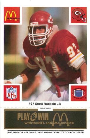 1986 McDonald's Kansas City Chiefs - Full Game Pieces - Week 2 Black/Gray Tab #NNO Scott Radecic Front