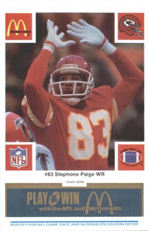 1986 McDonald's Kansas City Chiefs - Full Game Pieces - Week 1 Blue Tab #NNO Stephone Paige Front