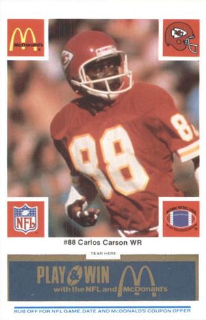1986 McDonald's Kansas City Chiefs - Full Game Pieces - Week 1 Blue Tab #NNO Carlos Carson Front