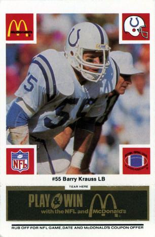 1986 McDonald's Indianapolis Colts - Full Game Pieces - Week 2 Black/Gray Tab #NNO Barry Krauss Front