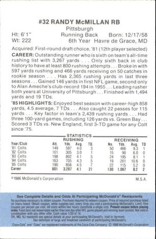 1986 McDonald's Indianapolis Colts - Full Game Pieces - Week 1 Blue Tab #NNO Randy McMillan Back