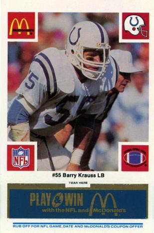 1986 McDonald's Indianapolis Colts - Full Game Pieces - Week 1 Blue Tab #NNO Barry Krauss Front